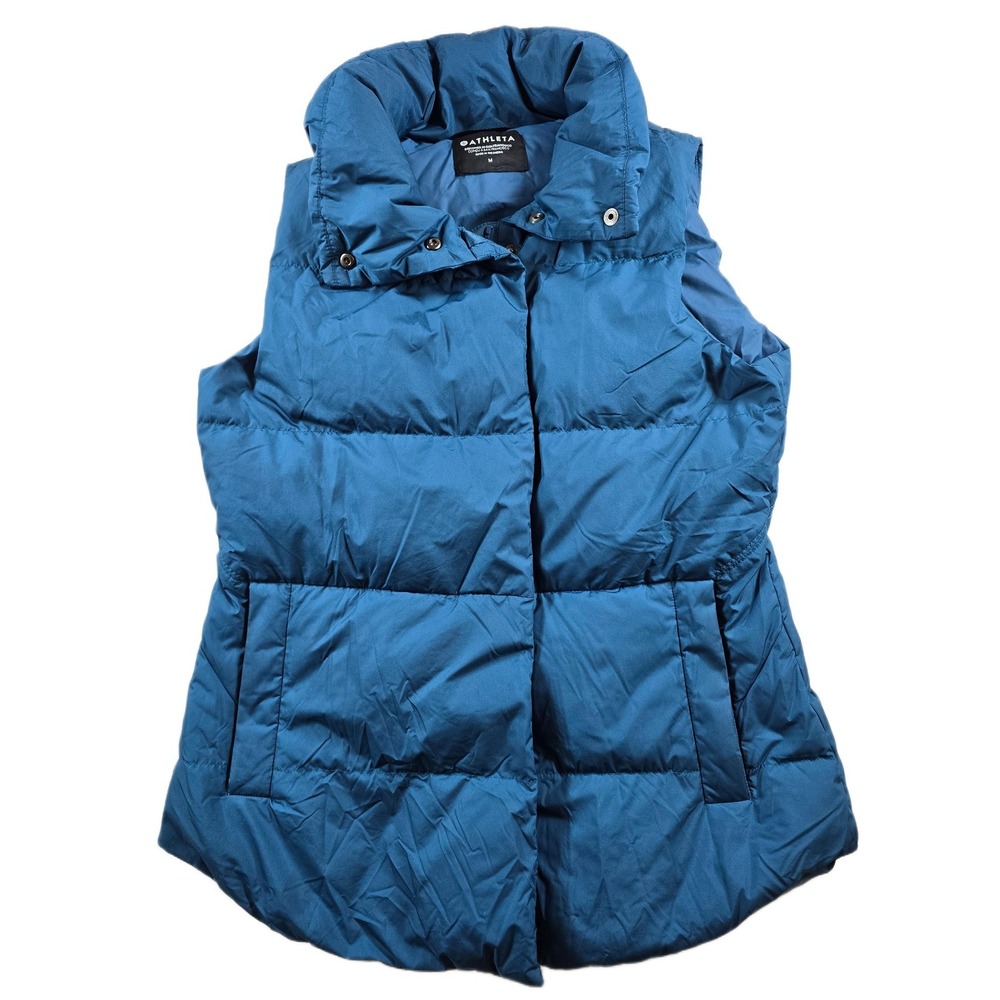Athleta Downtown Puffer Vest Womens Medium Blue Down Quilted Zip Stand Collar
